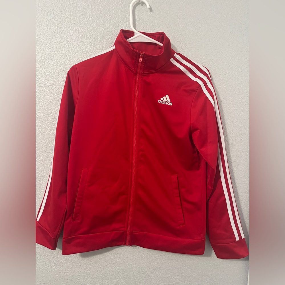 Adidas red track jacket size XL kids.